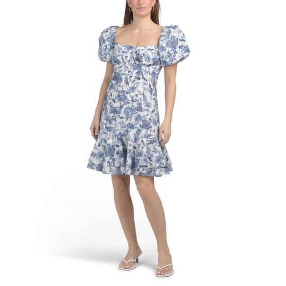 AQUA BLU Azure Blue Silk Blend Scarlet Puff Sleeve Mini Dress - Picture 1 of 2